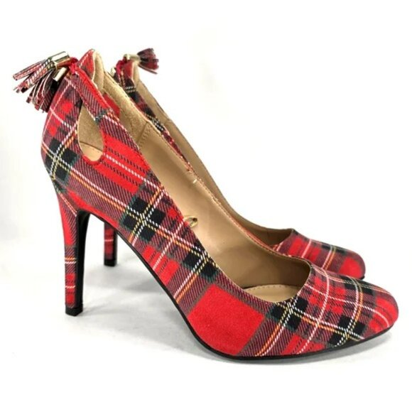 Red Plaid Tassle Cut Cut Heels 4" SIZE 6 Charming Charlie - Picture 1 of 9